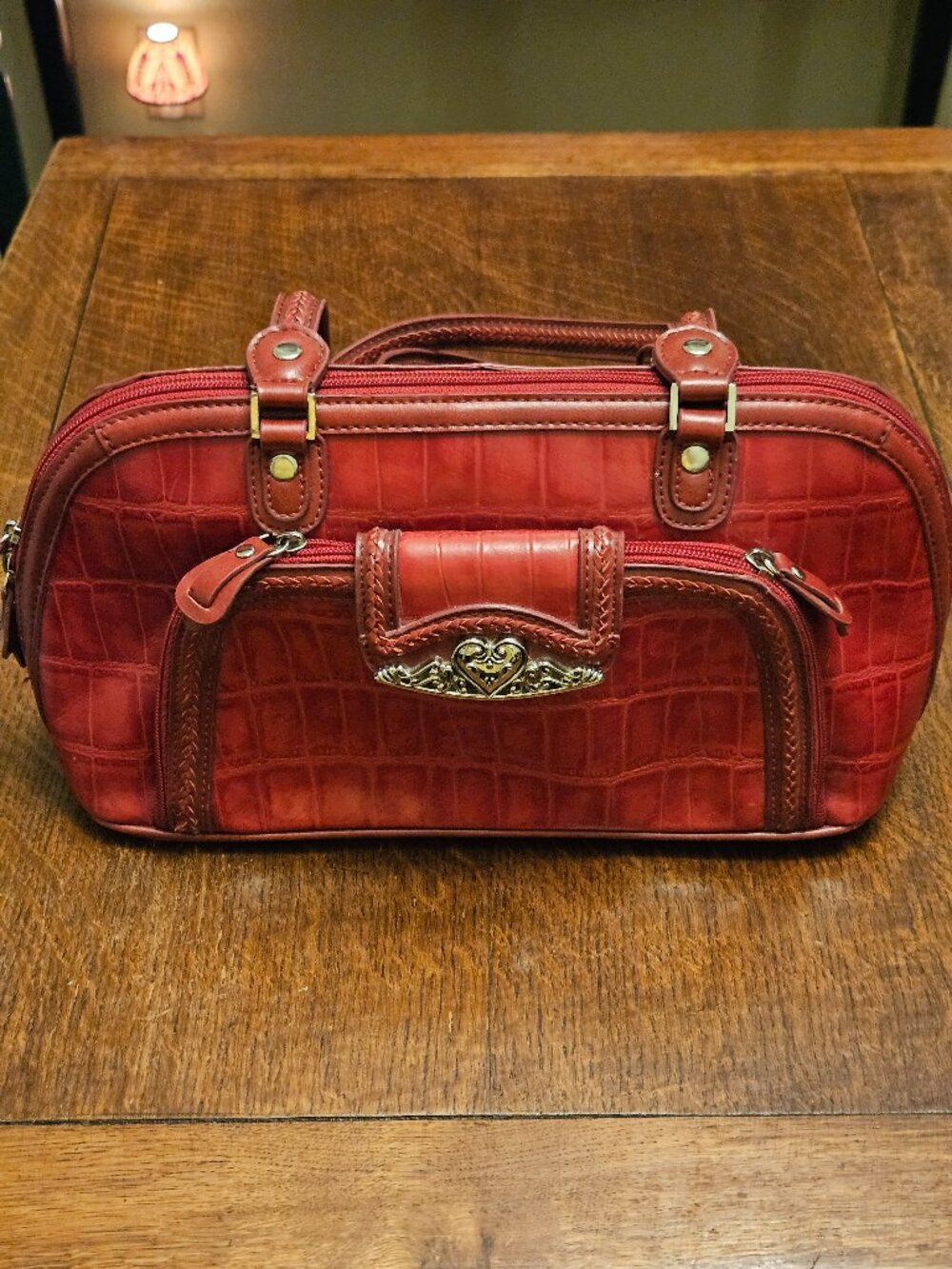 Marc Cantal Red Faux Alligator Shoulder Bag. Silver Heart Embellishments